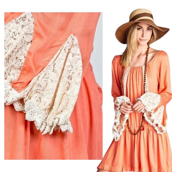 PLUS Size 2X Coral Pink Boho Style Lace Hem Bell Sleeve Tunic Top Dress NWT NEW - Picture 3 of 3